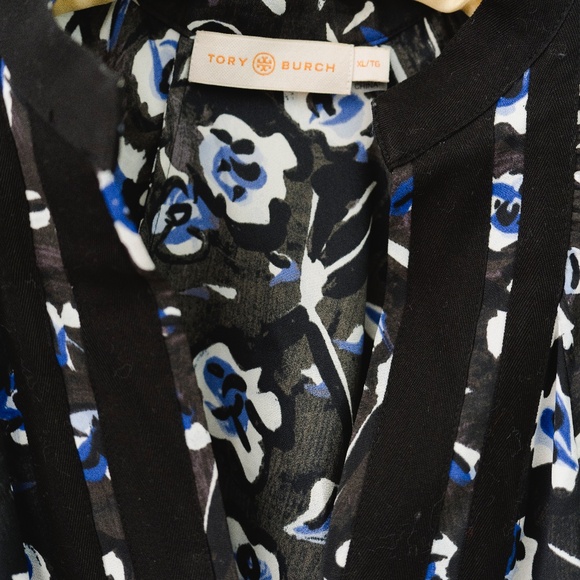 TORY BURCH Blue Puff Sleeve Dress Size XL Belted Midi Floral Asymmetrical - Picture 3 of 5